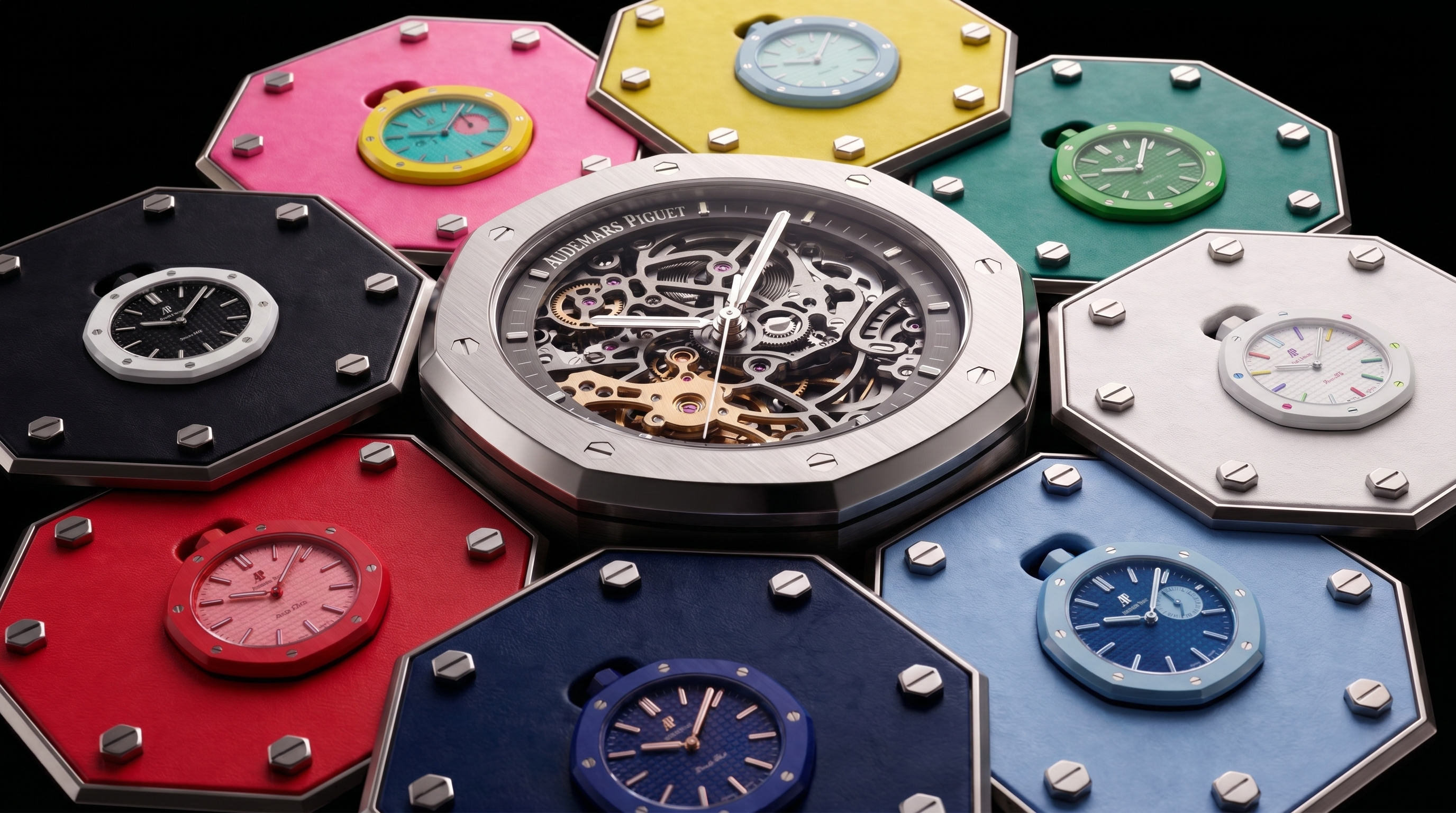 Click Clock — eight colored octagonal petals around an exposed Audemars Piguet skeleton movement.